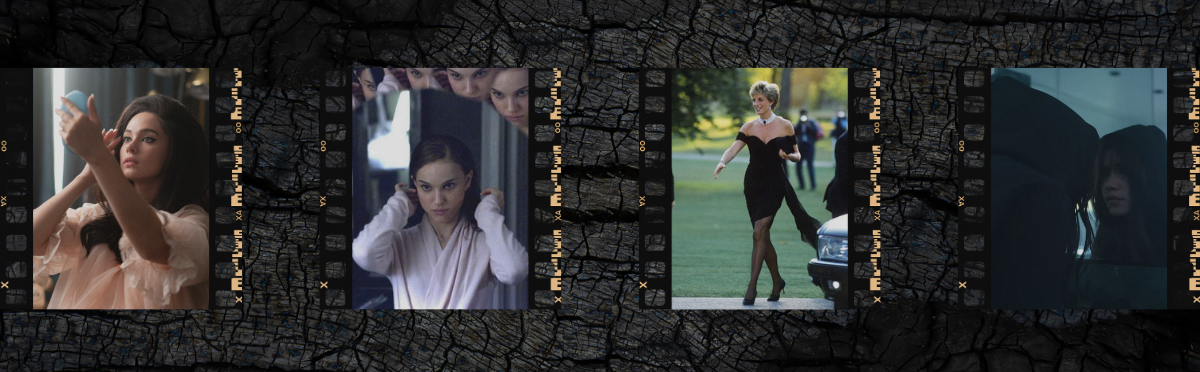 Dark visual storytelling collage featuring four women from film, fashion, and music. 